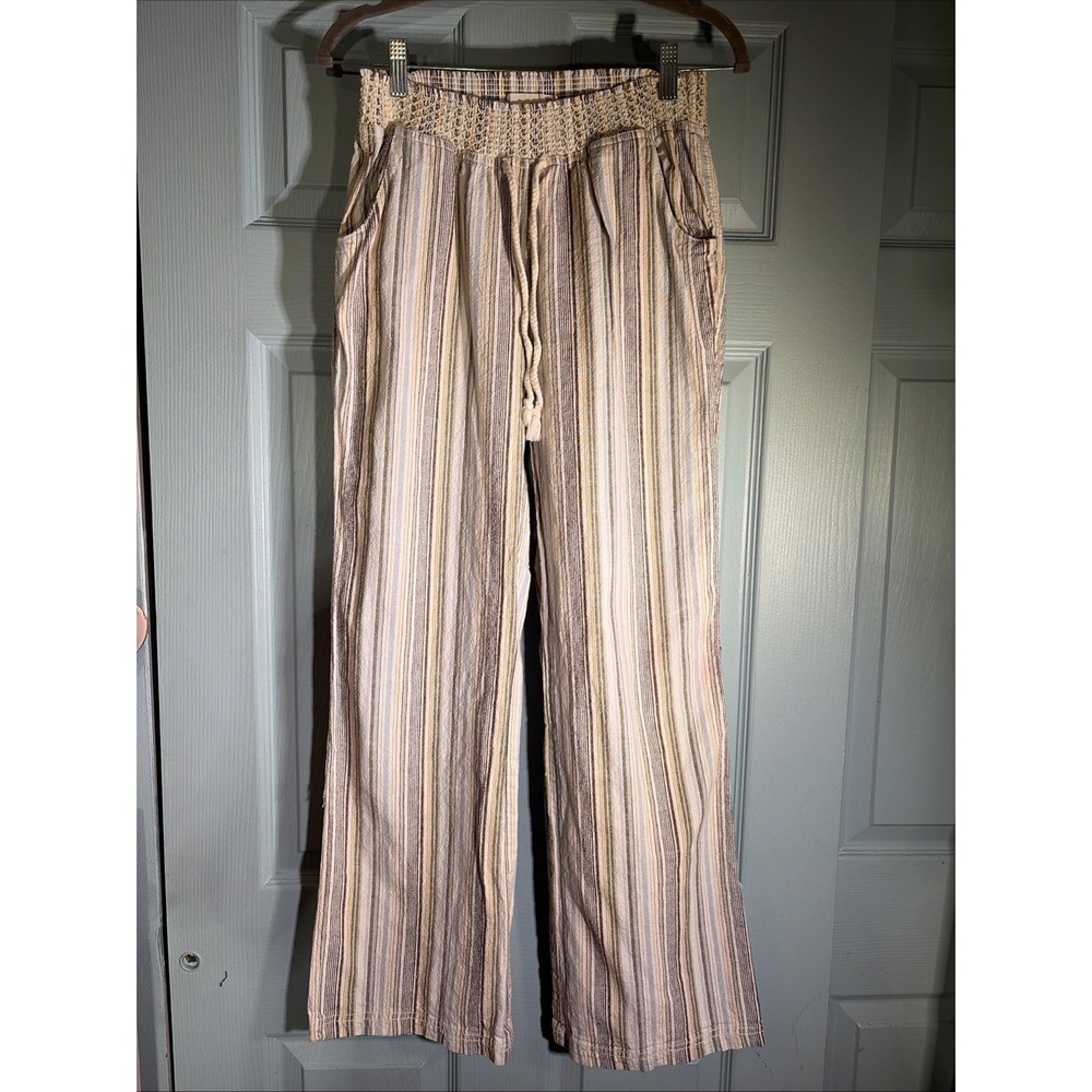 Kiss & Cry Linen/ Cotton Blend Wide Leg Striped Pull On Pants With Pockets Sz L.